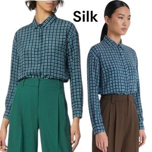 Maxmara Weekend 💯 Silk Check Button Down Shirt Blouse Large , Long Sleeves
